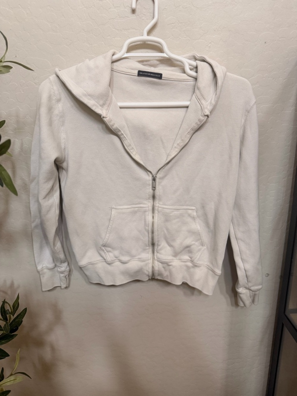 Brandy Melville Cream Waffle-Knit Zip Hoodie